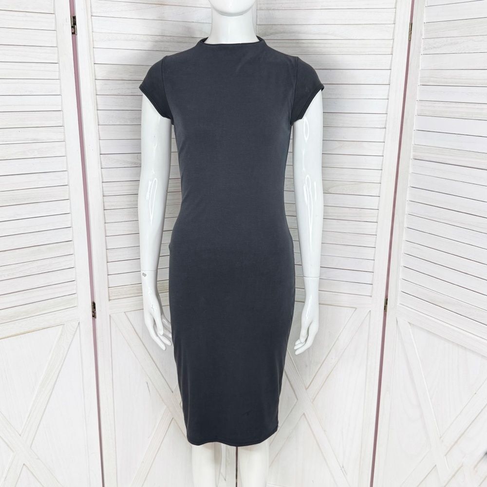 Mikey & Joey Jersey Knit Cap Sleeve Midi Sheath Dress‎ Charcoal Grey Medium